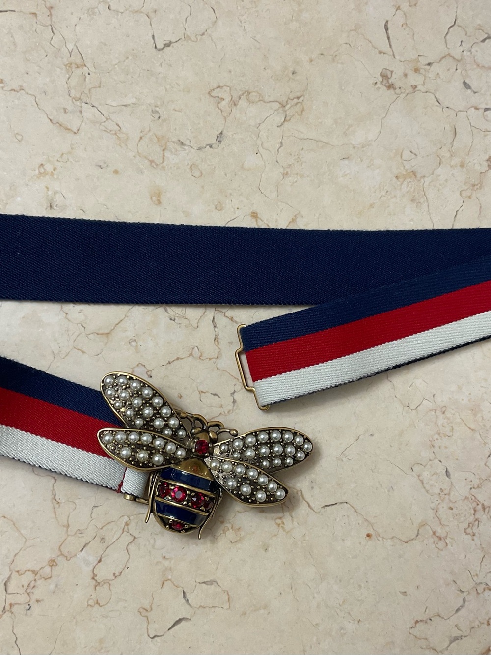 Gucci Navy Blue Red White Pearl Bee Web Belt - Picture 2 of 4